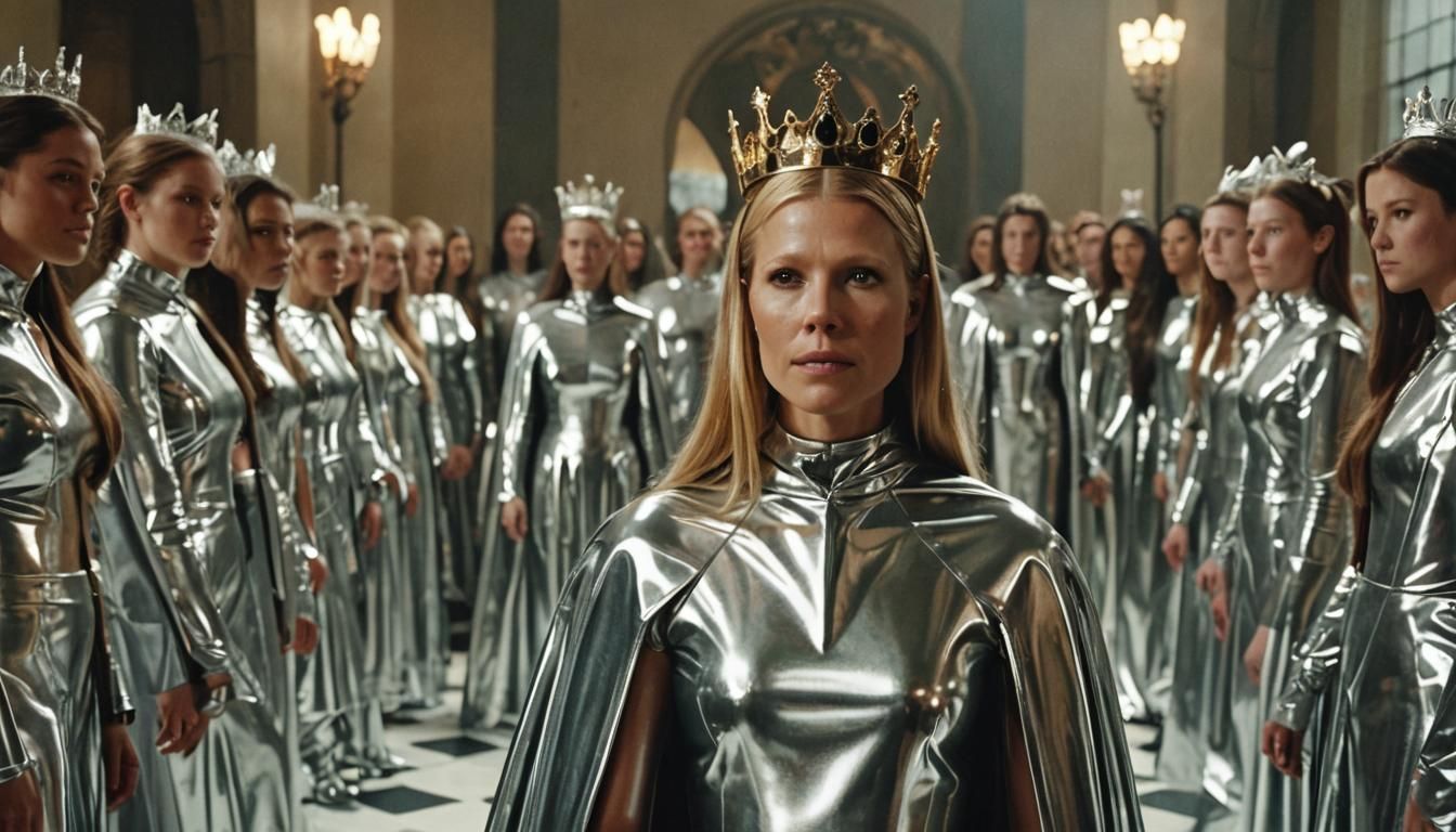 Latex Empress on Throne: Cinematic Film Still