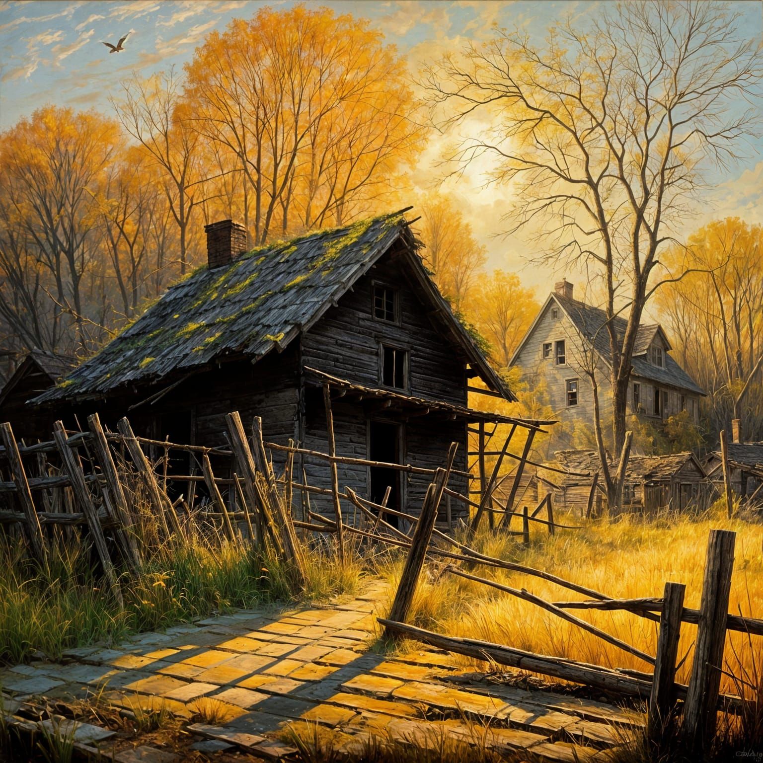 Abandoned Village Oil Painting with Golden Light
