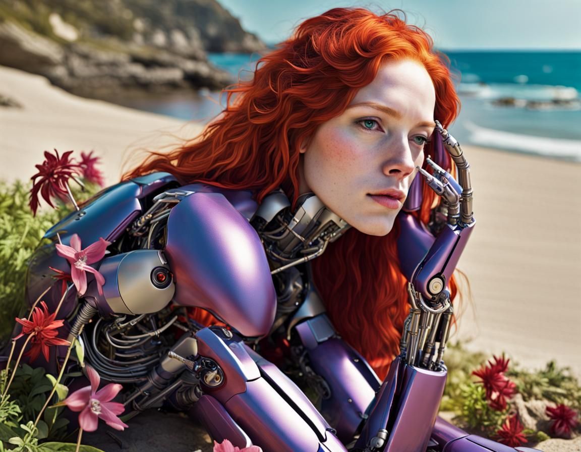 Robot Woman Relaxing on Exotic Flower Beach