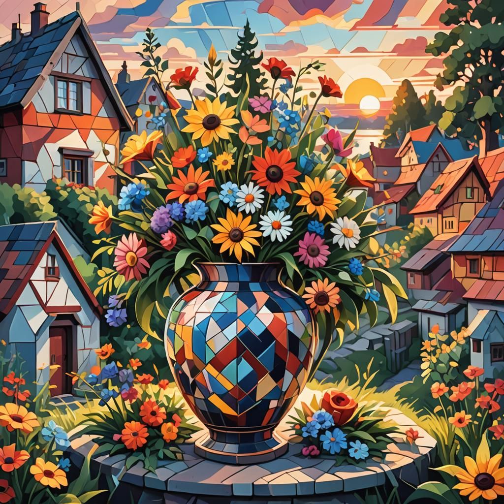 Scandinavian Viking Vase with Summer Flowers: Cubist Style