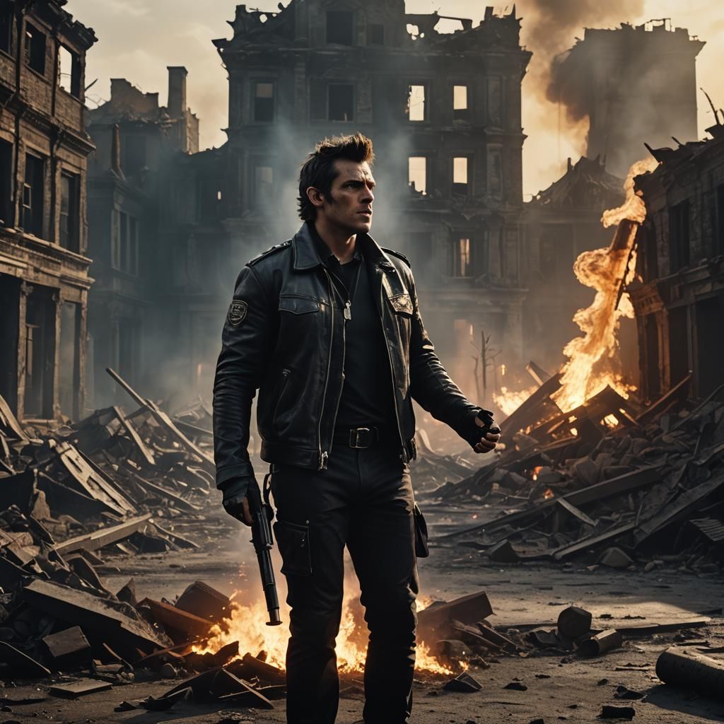 Orc Reporter in War-Torn Cityscape: Cinematic Still