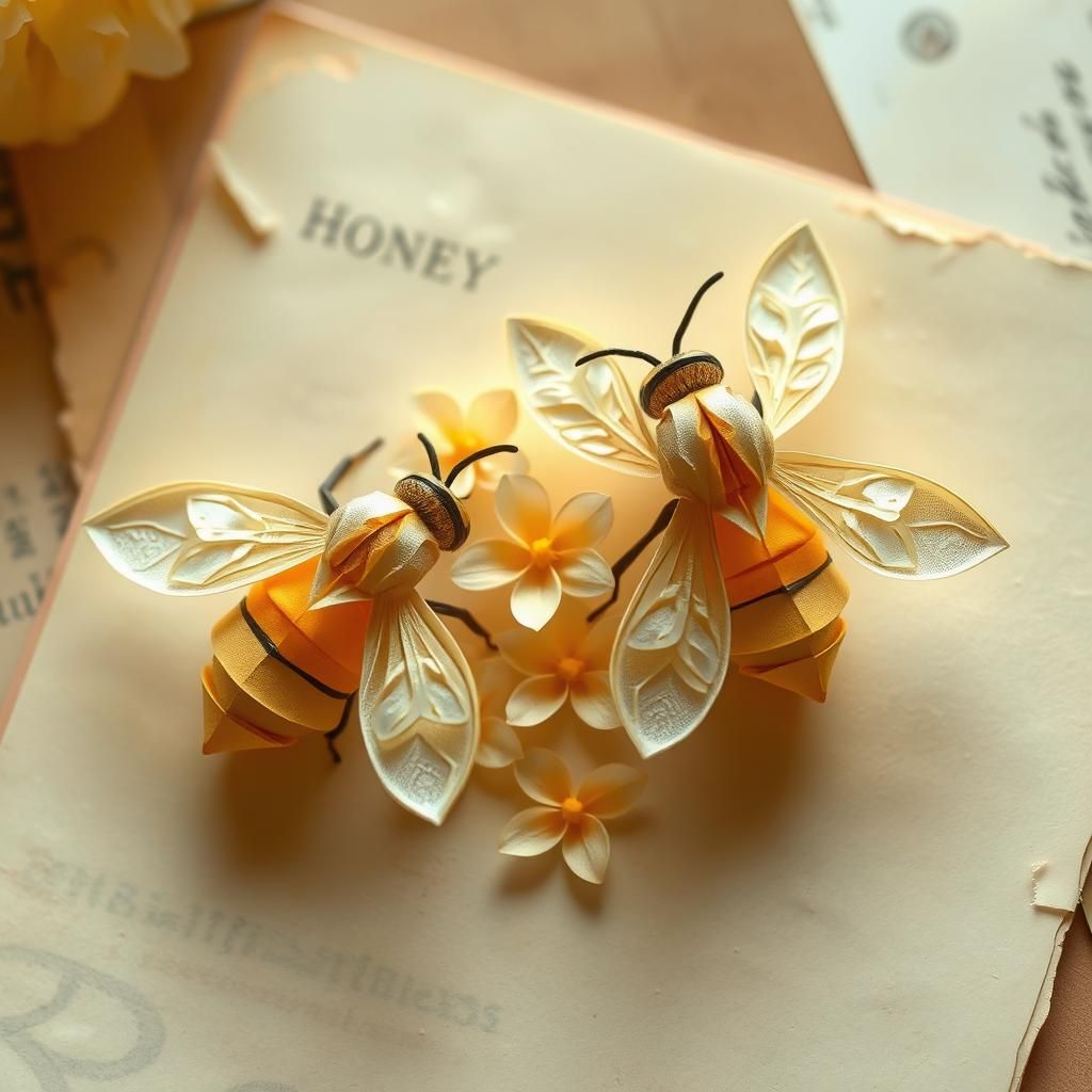 Floral Origami Honey Bees on Weathered Stationery