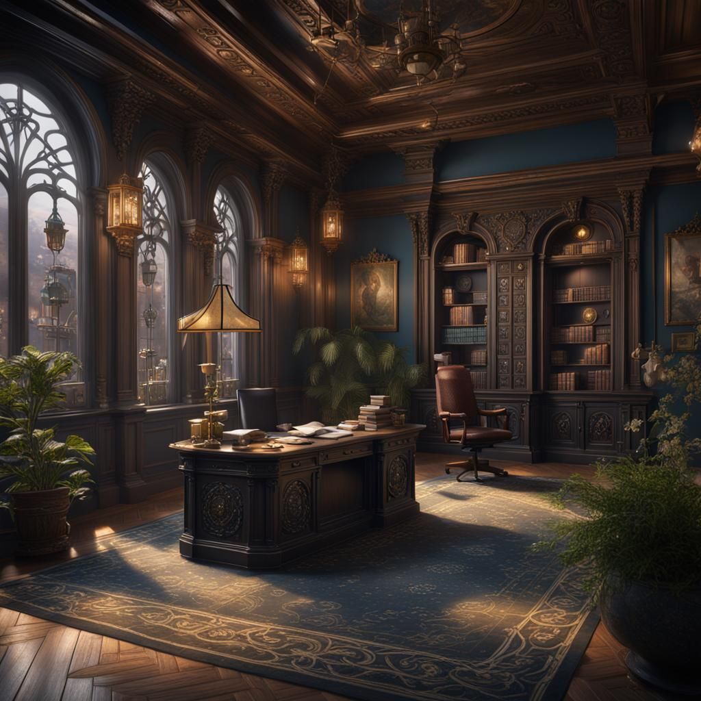 Fantasy Manor Office with Balcony in Detailed Matte Painting