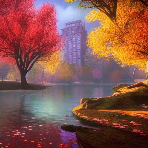 Central Park in Autumn: Realistic Detailed Painting