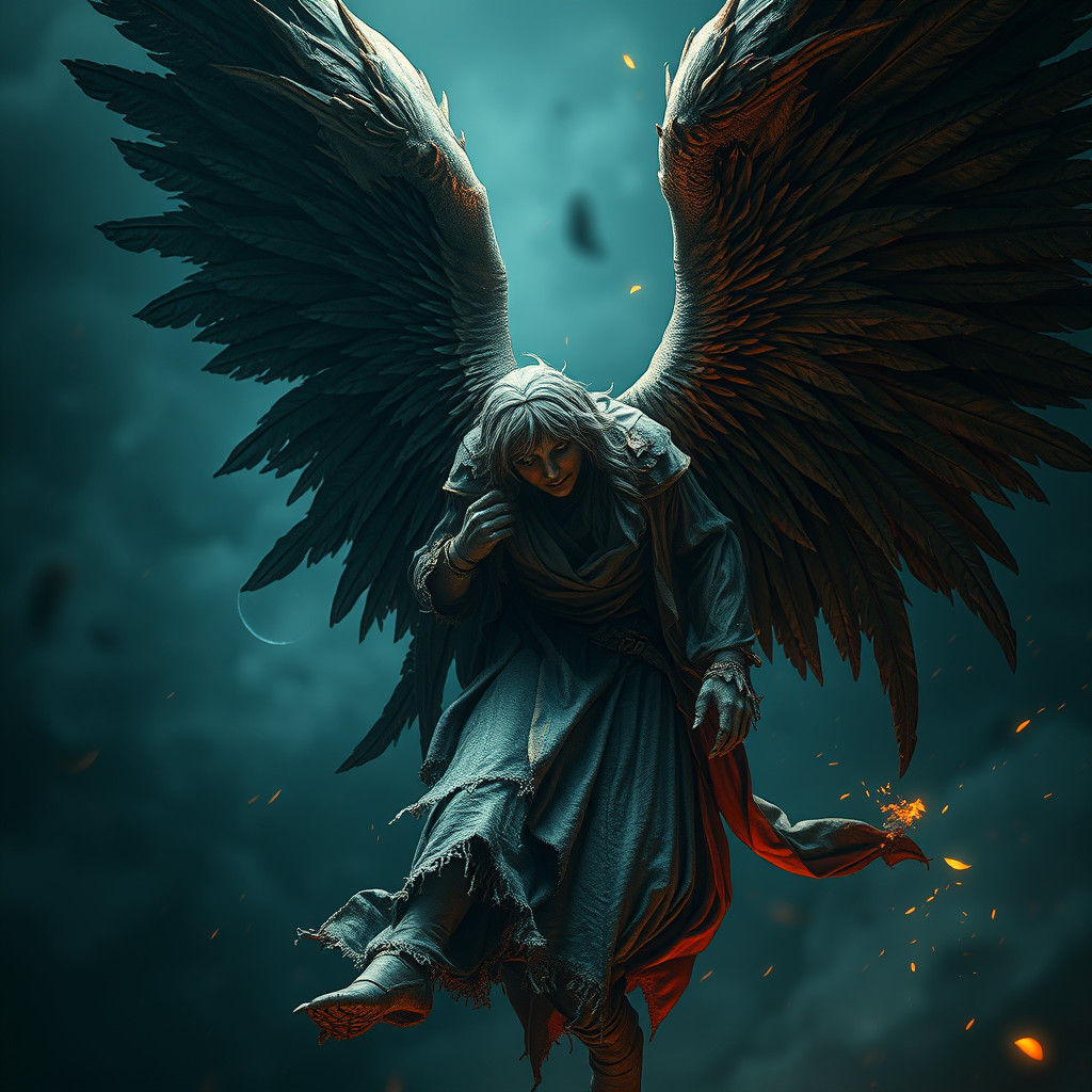 Fallen Angel with Tattered Wings in Dark Fantasy