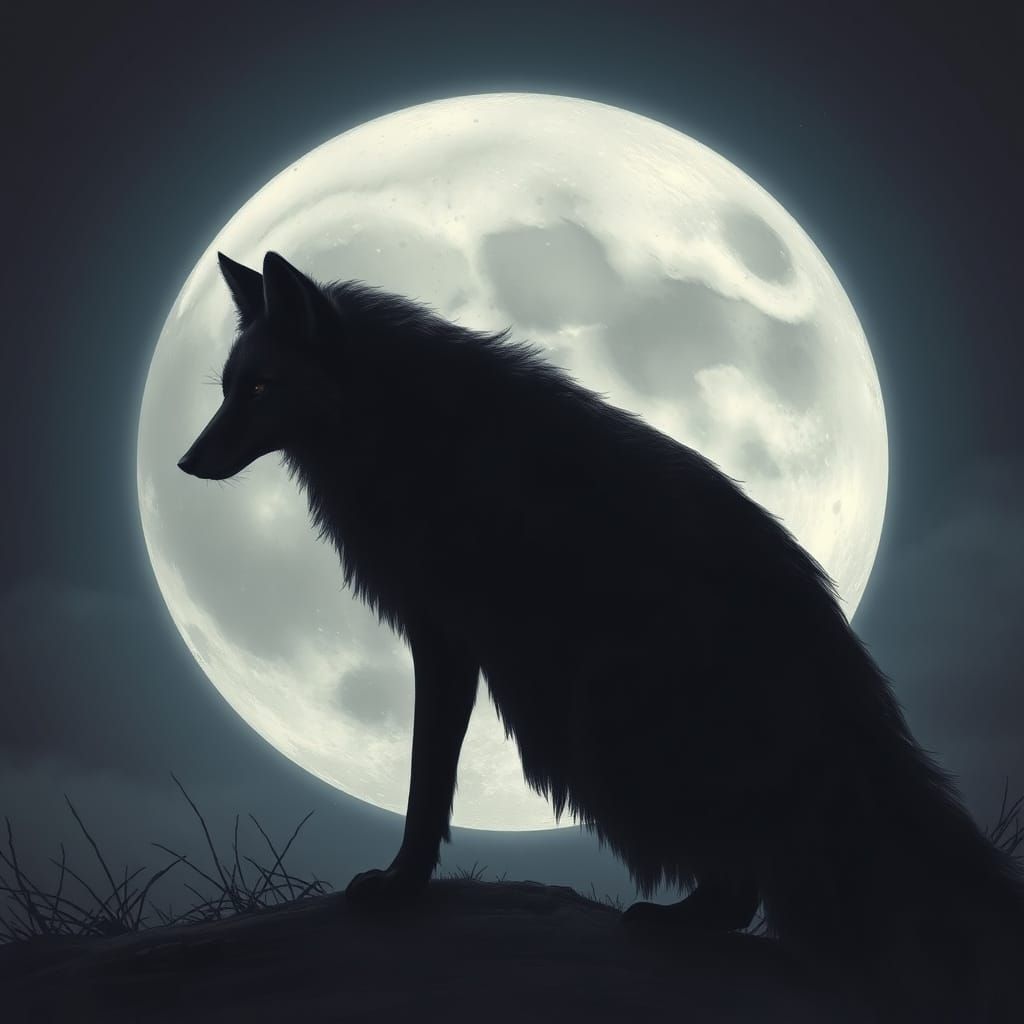 Fox Silhouette Under Ominous Moon in Dark Fantasy Style