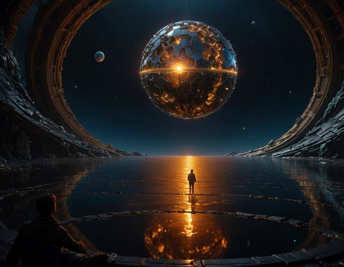 Man Observes a Fantastical Dyson Sphere