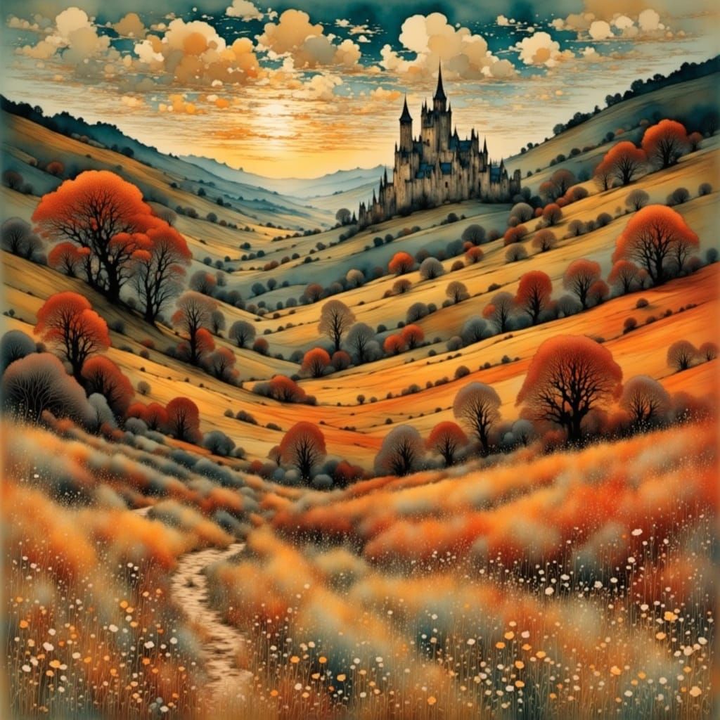 Ethereal Castle Ruin in Foggy Morning Landscape