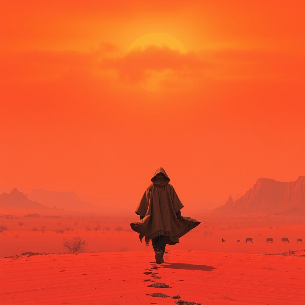 Surreal Desert Wanderer Under Burning Sky