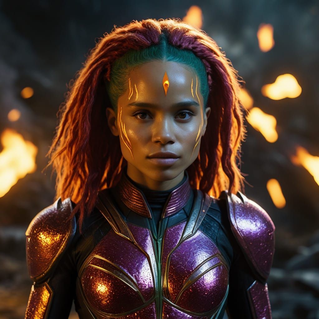 Alien Superheroine with Flaming Hair in Comic Style