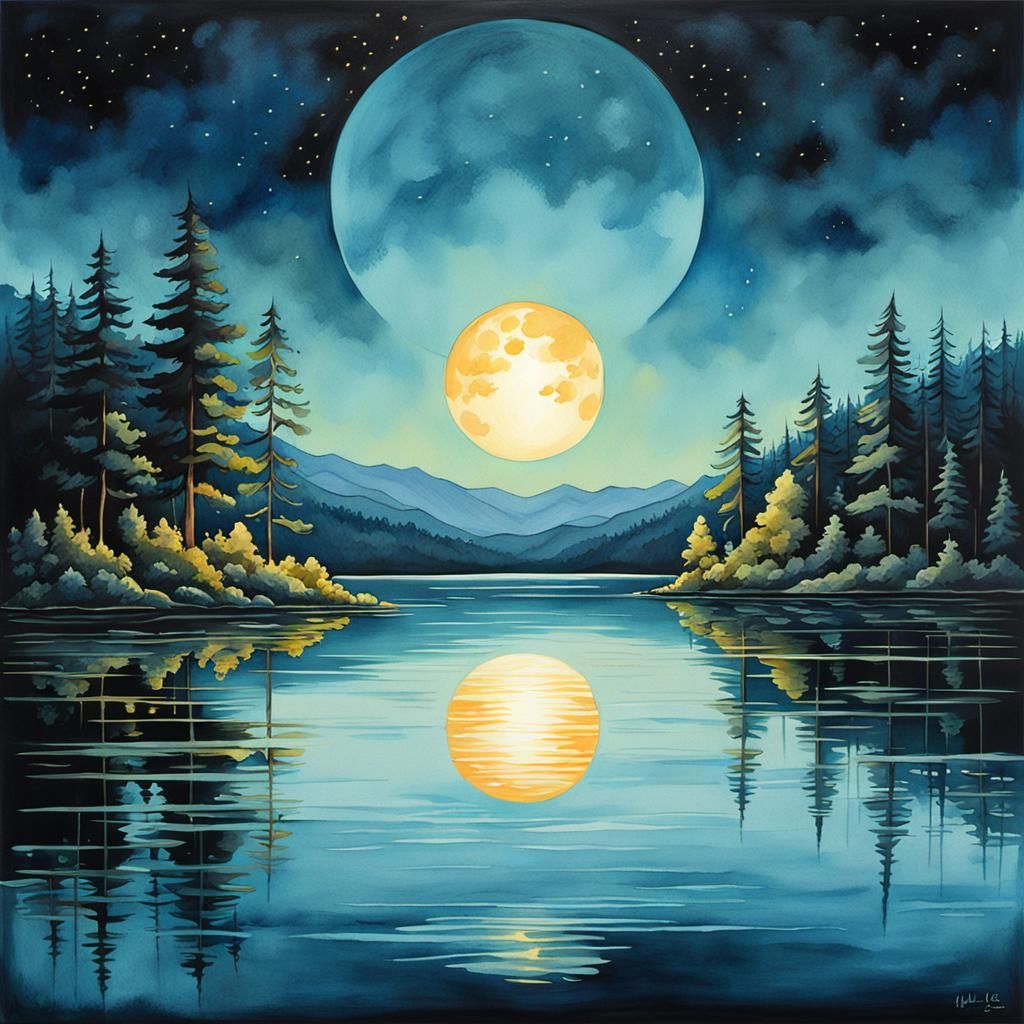Glowing Orb Reflects on Lake: Watercolor Impression