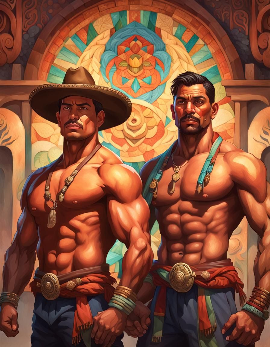 Muscular Gay Couple Portrait in Rivera Style
