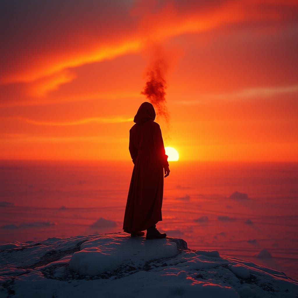 Crimson Figure Disintegrates in Fiery Post-Apocalyptic Sunse...