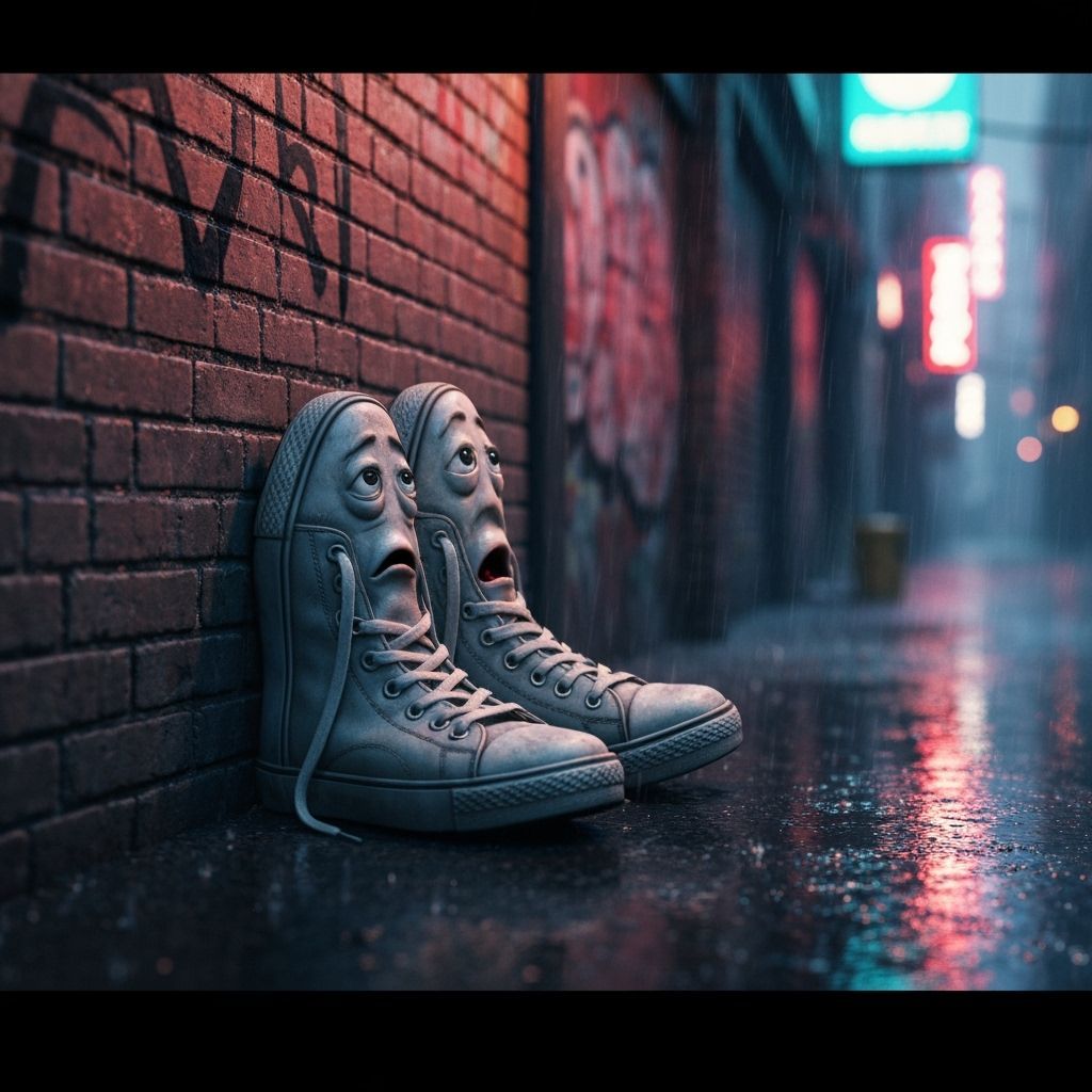 Weary Sneakers with Faces in Gritty Urban Alley