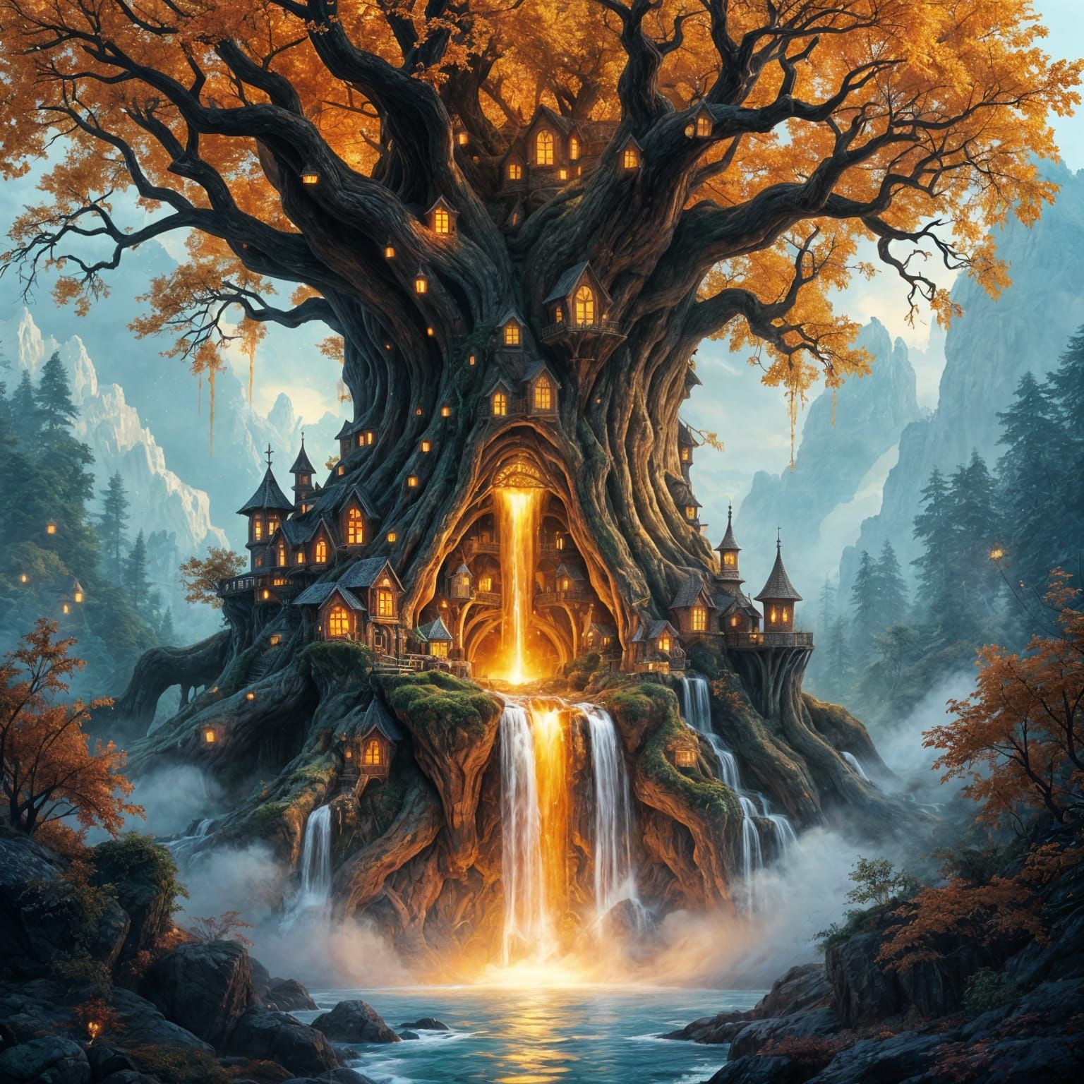 Ancient Tree City with Amber Sap Waterfalls