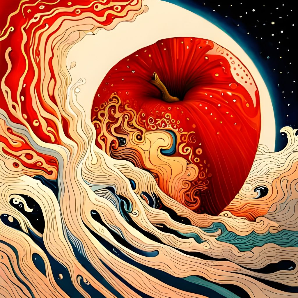 Psychedelic Apple on Moonlit Sea, Digital Art