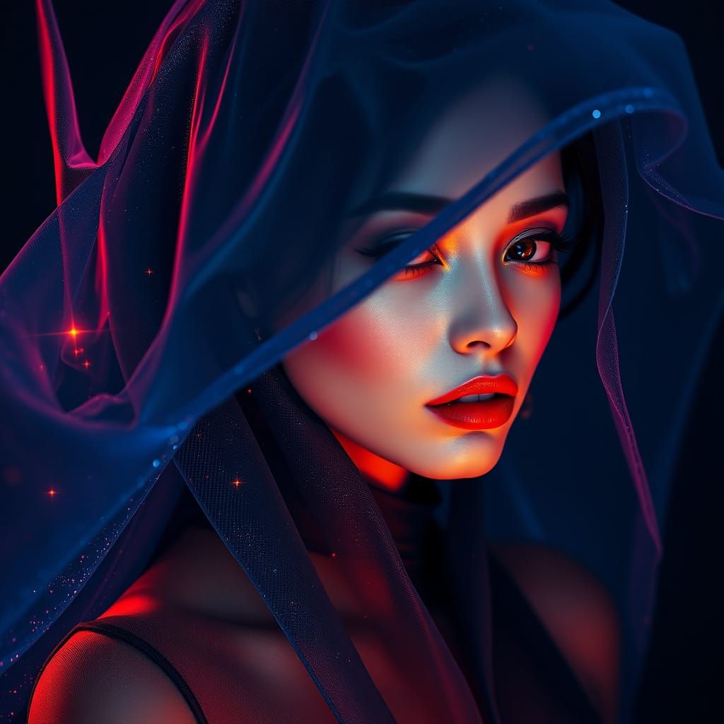 Woman in Translucent Veil: Cosmic Holographic Illustration