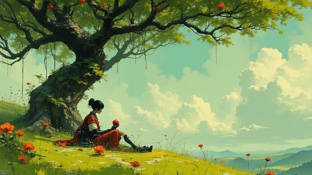 Cyborg Contemplates Apple, Art Nouveau Style