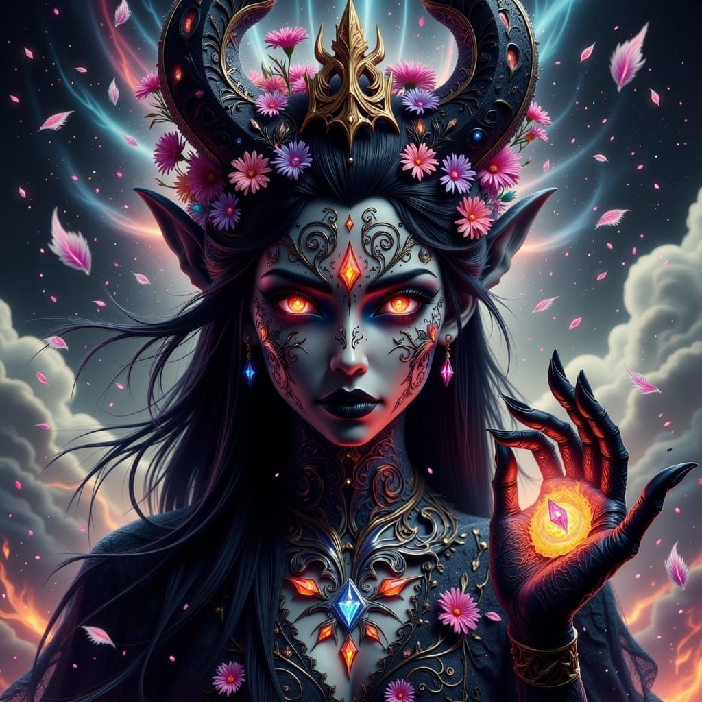 Dark Cosmic Goddess with Ethereal Glow and Floral Tattoos