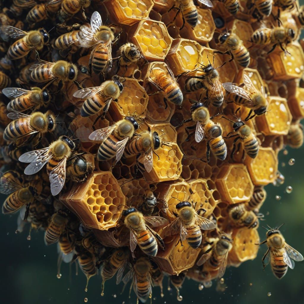 Symmetrical Honeycomb with Golden Honey and Bees in Telephot...