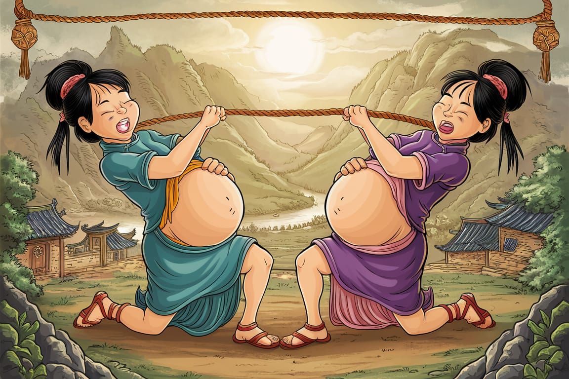 Cartoon: Pregnant Couple in Ancient China Pulling Rope