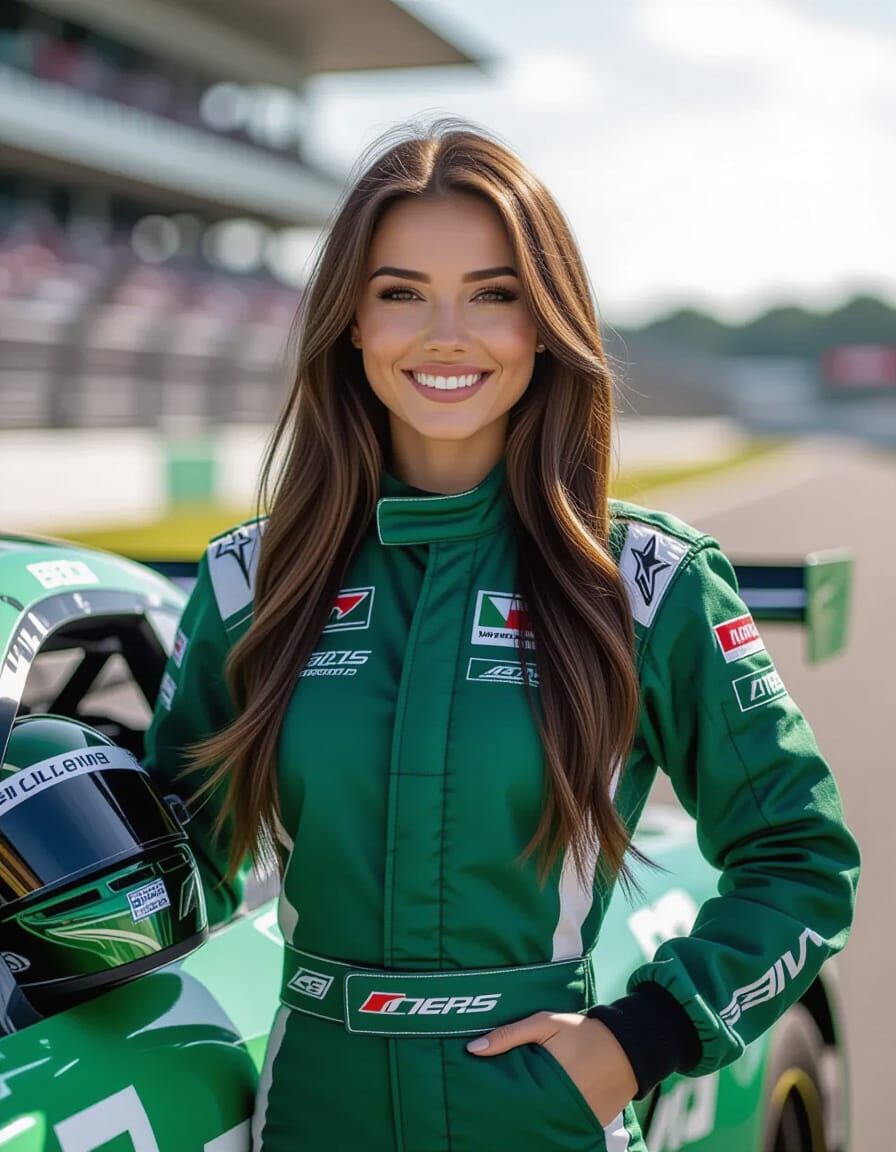 Smiling Woman in Racing Uniform Beside Formula Car