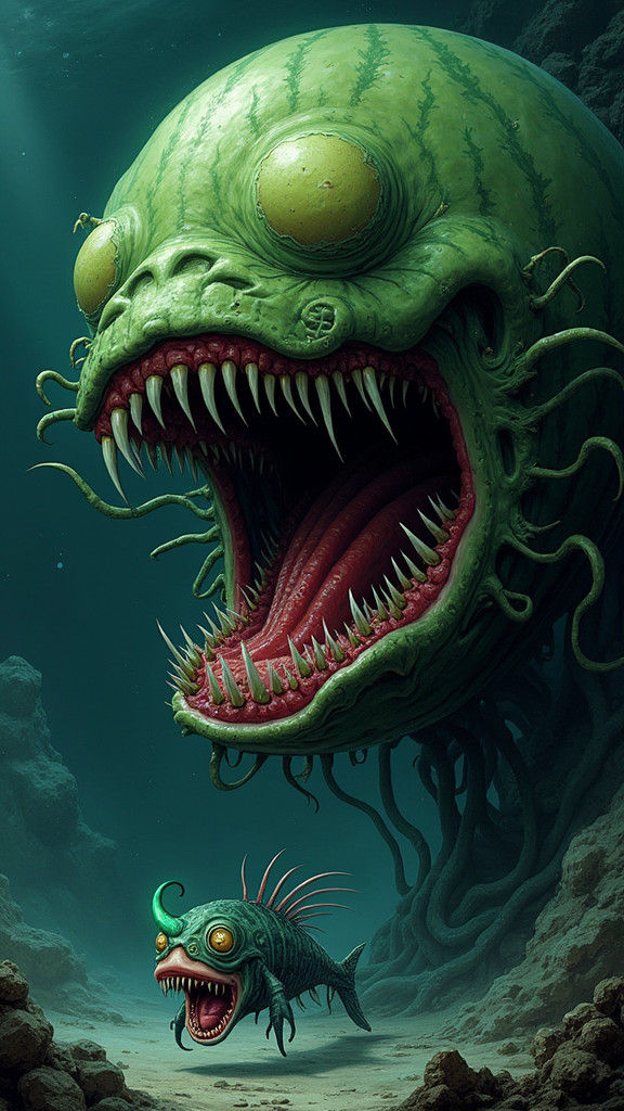 Grotesque Watermelon Devouring Anglerfish in Biomechanical S...
