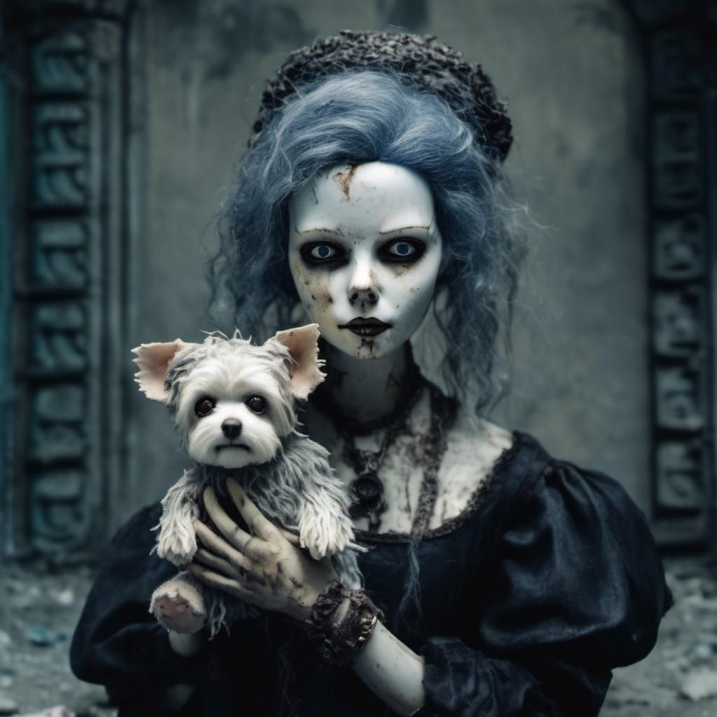 Creepy Porcelain Doll with Puppy, Art Brut Style