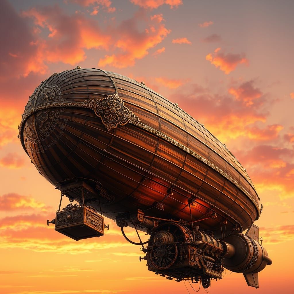 Steam-Powered Zeppelin Soars at Sunset