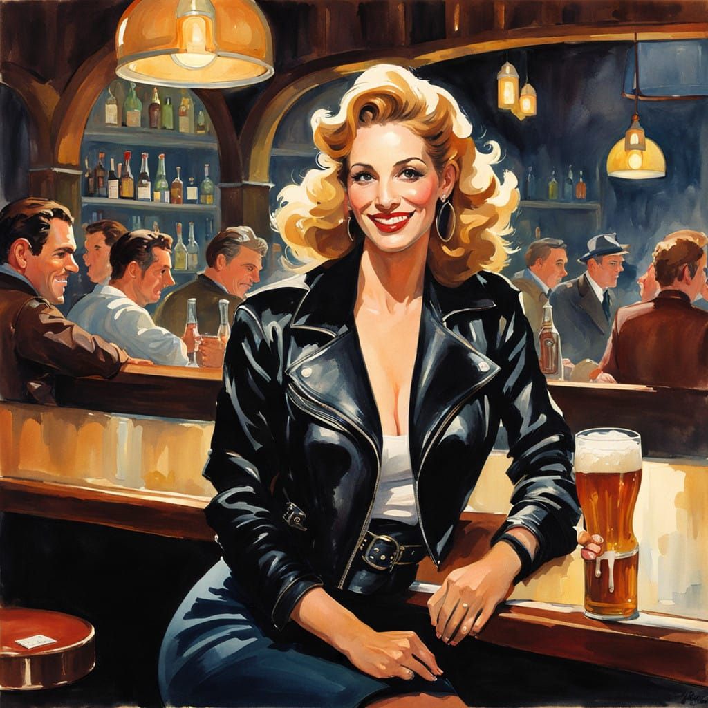 Stunning Woman in Leather Jacket at Bar