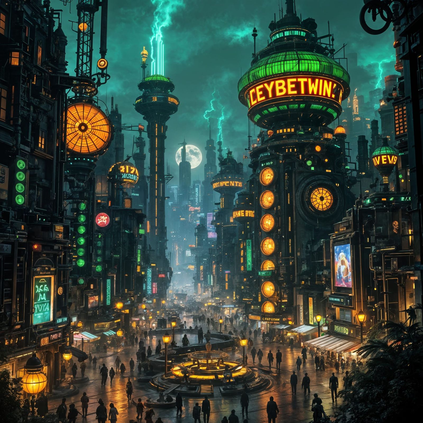 Cyberpunk Cityscape with Steampunk and Art Deco Elements
