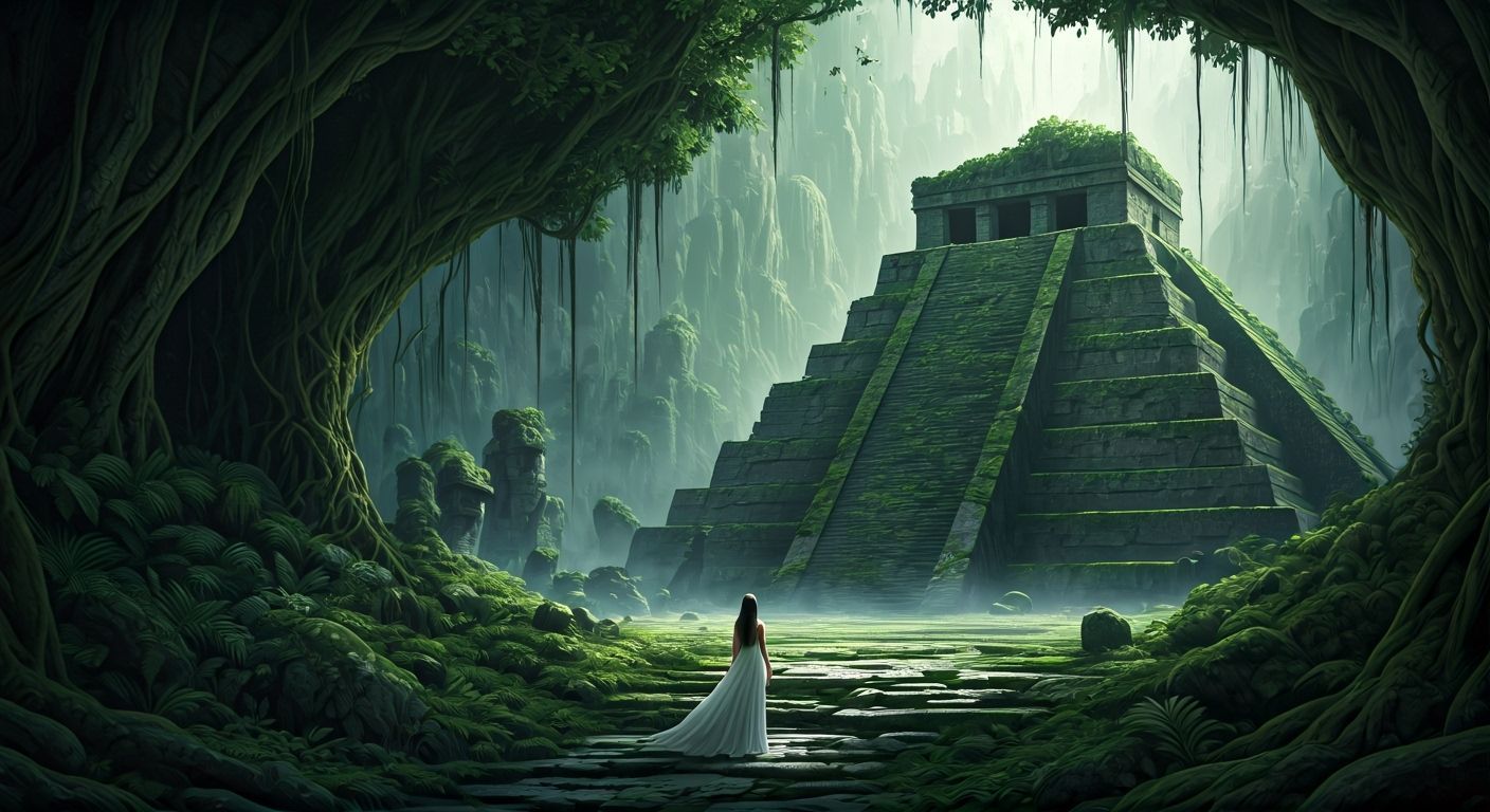 Ethereal Woman Gazes at Misty Jungle Pyramid