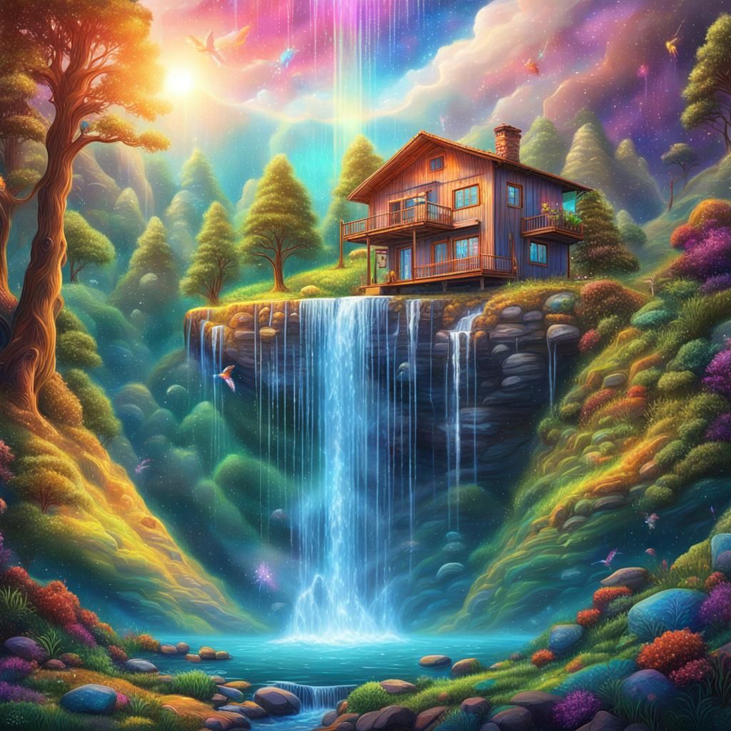 House Under Waterfall: Cosmic Astral Illustration