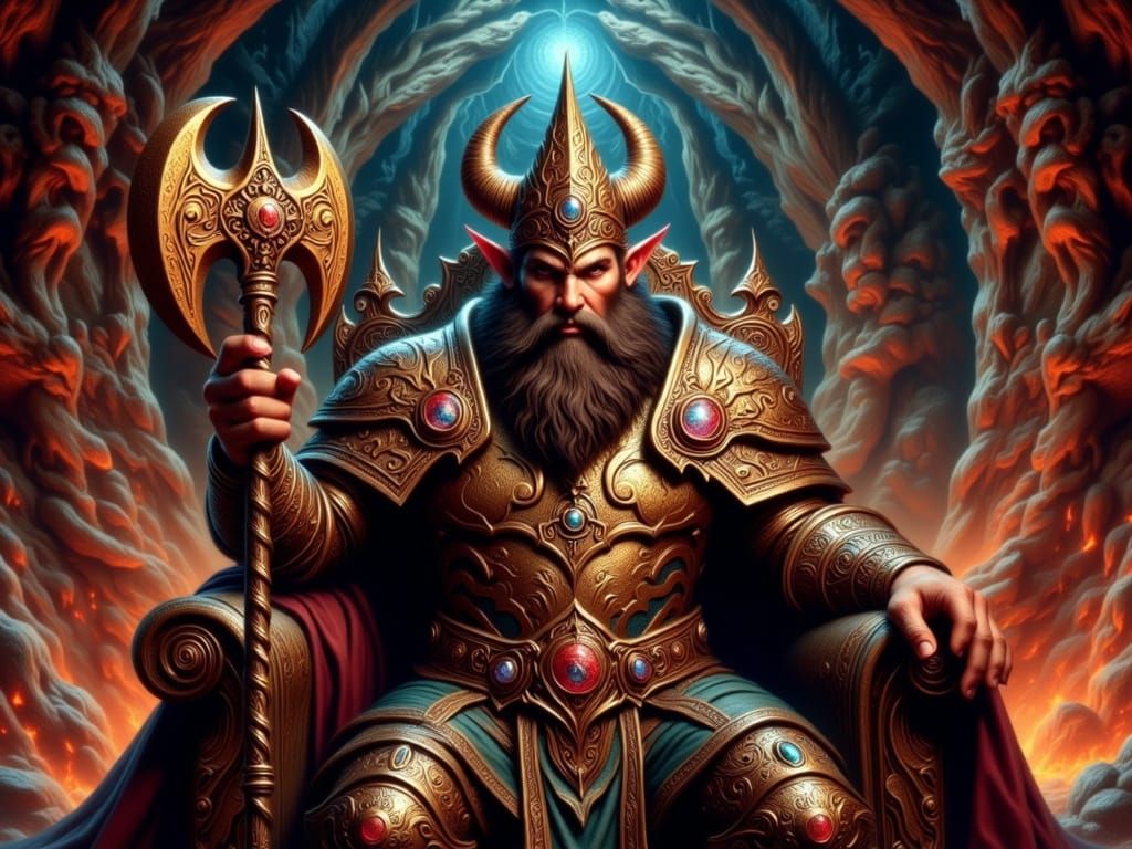 Regal Dwarven King in Fiery Underground Hall