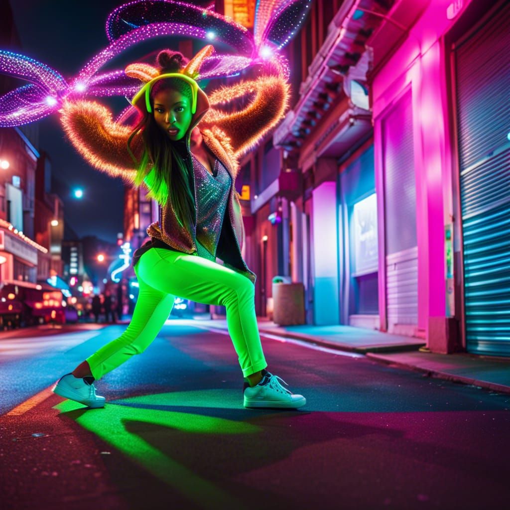 Neon Breakdancer in Hyperrealistic Street Scene