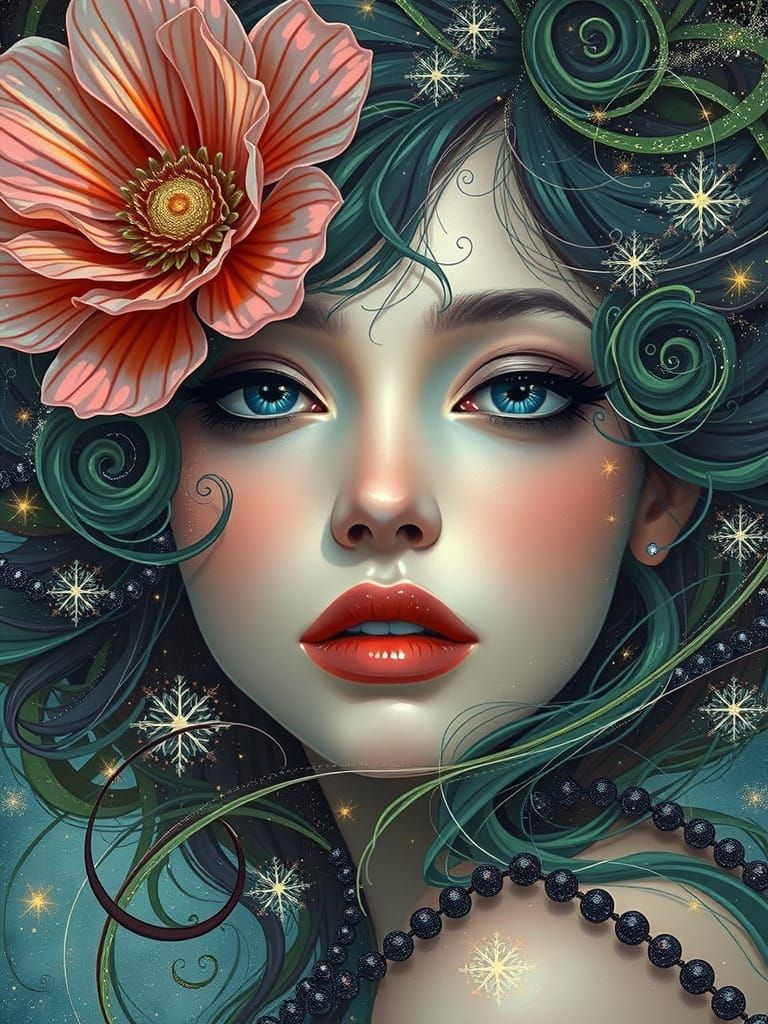 Abstract Female Portrait with Glowing Hair and Flowers