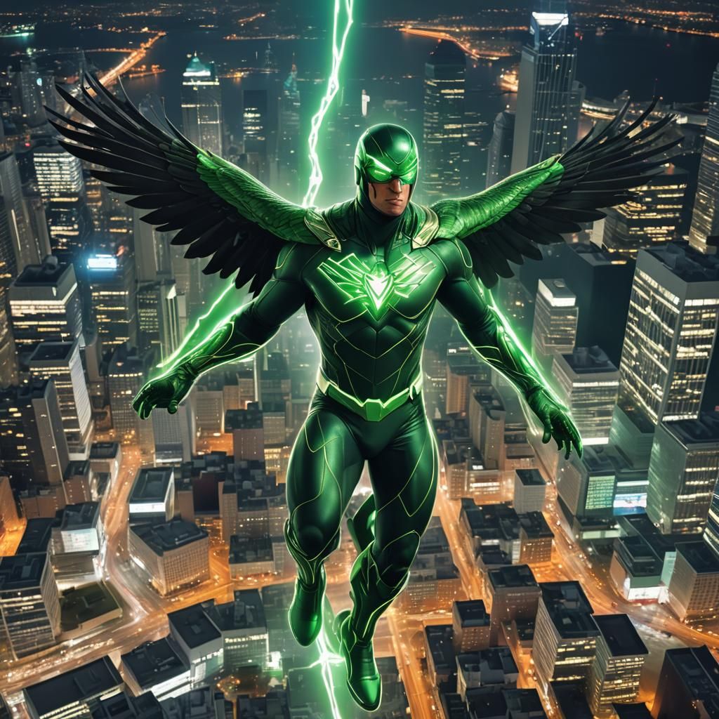 a human eagle in a superhero outfit, voando sobre uma grande cidade iluminada a noite disparando laser verde de seus olh...
