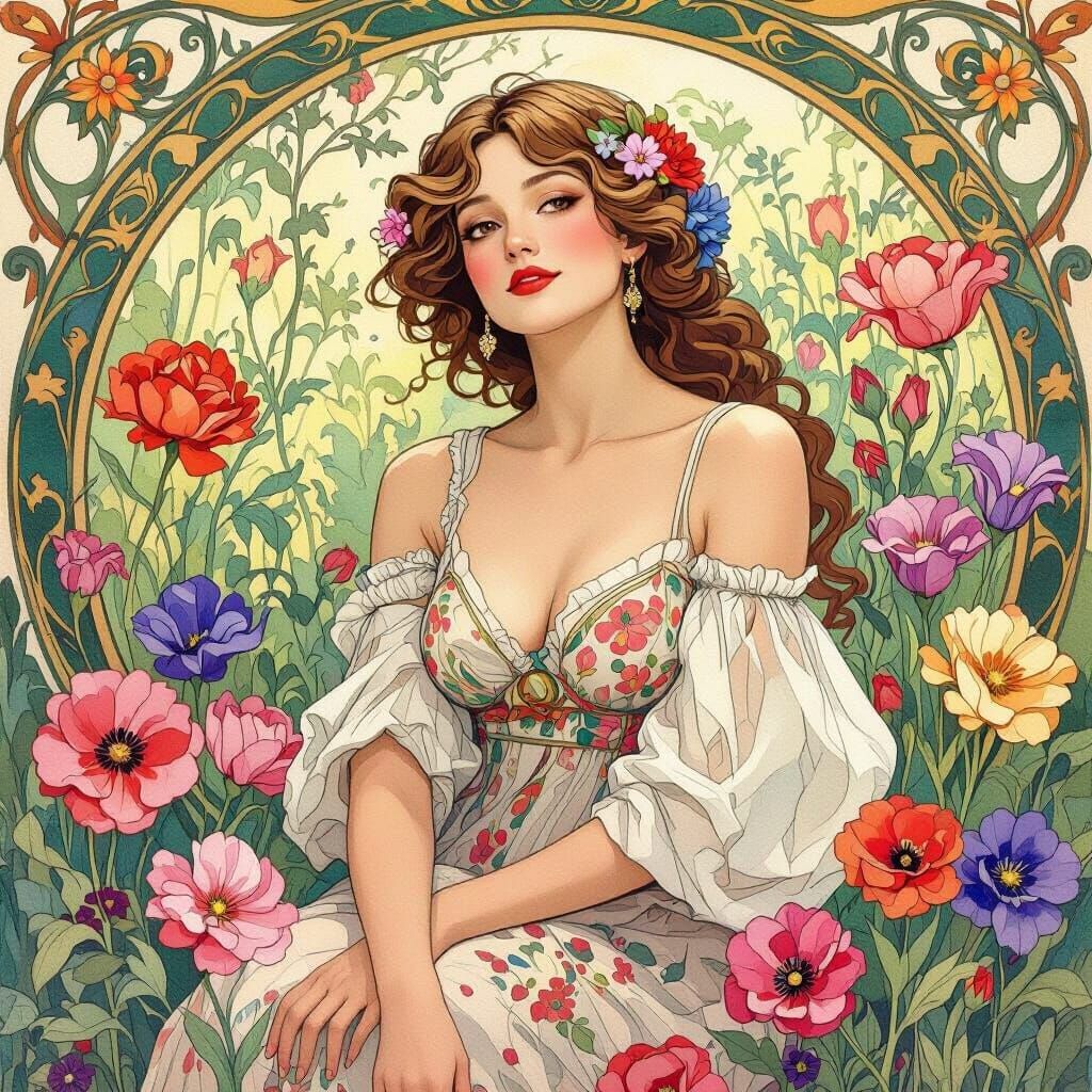 Woman in Alphonse Mucha-Style Watercolour Garden