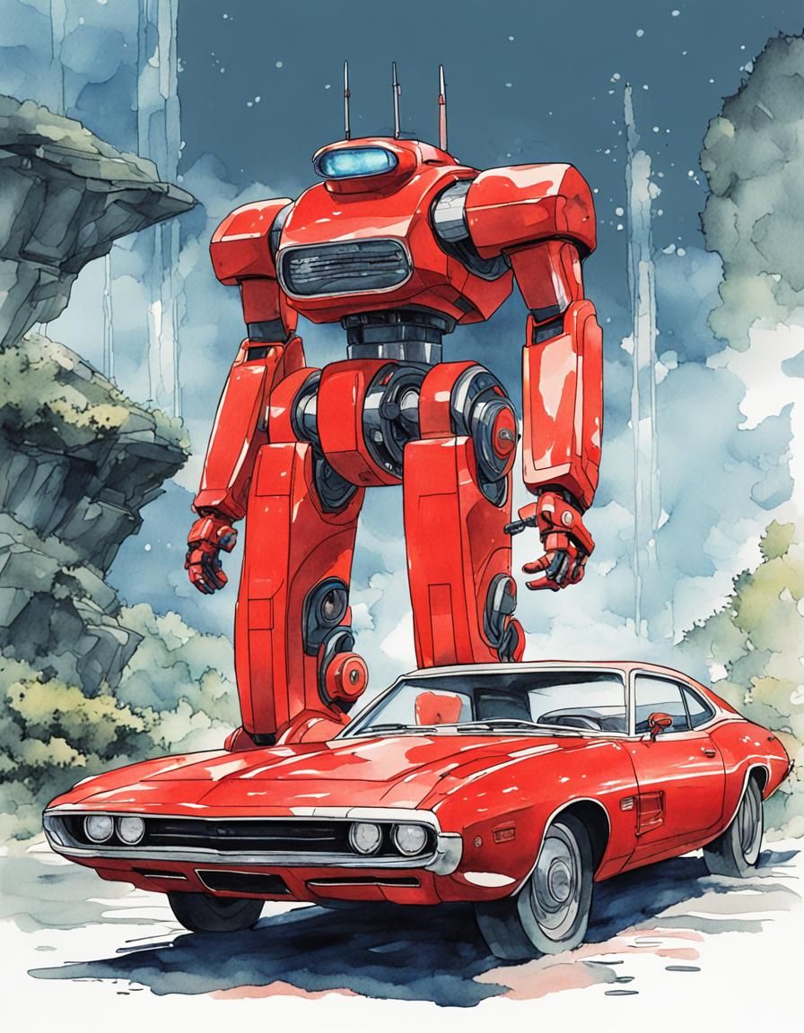 Red Robot and Futuristic Car in Anime Watercolor