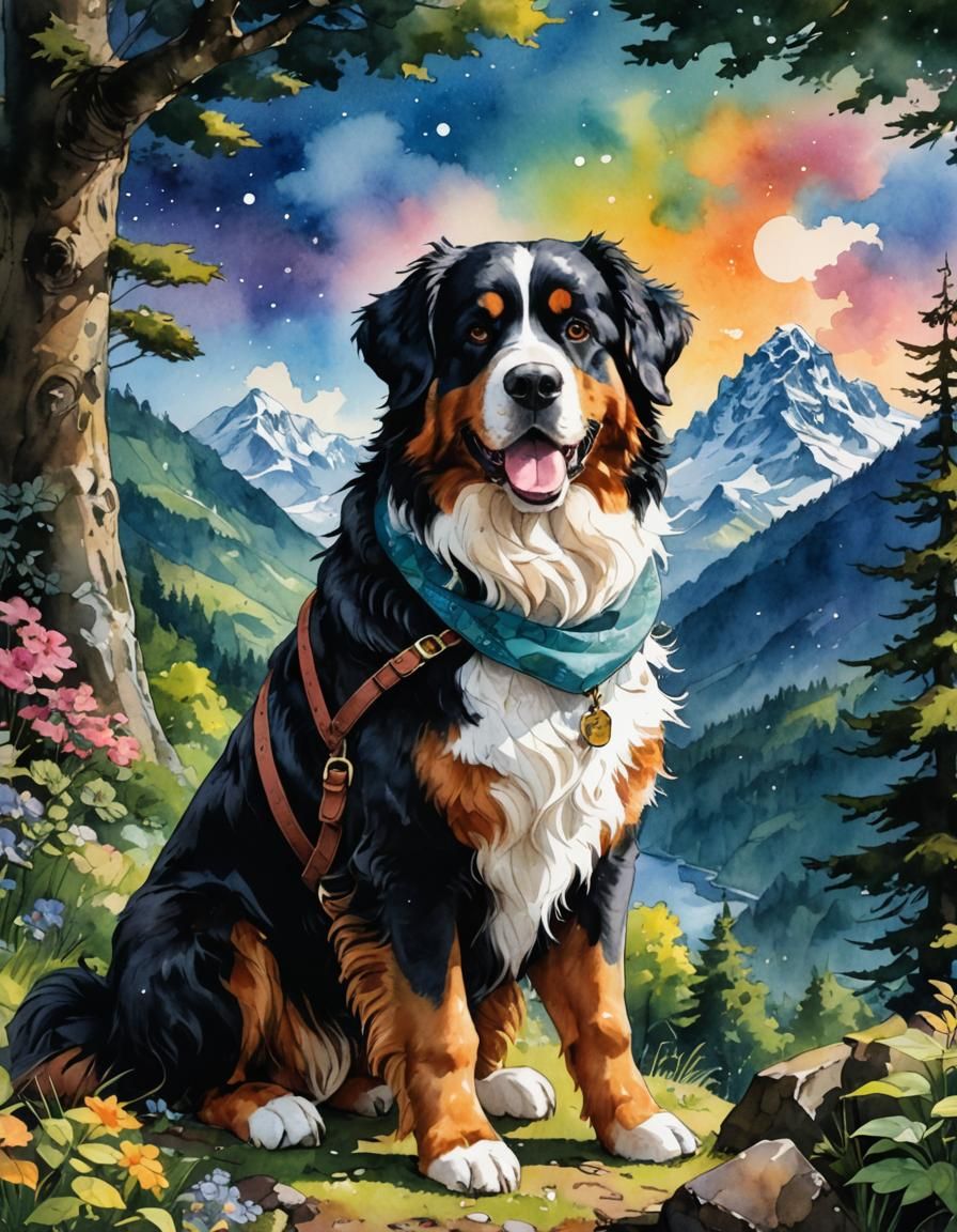 Bernese Mountain Dog Adventurer in Anime Watercolor Style