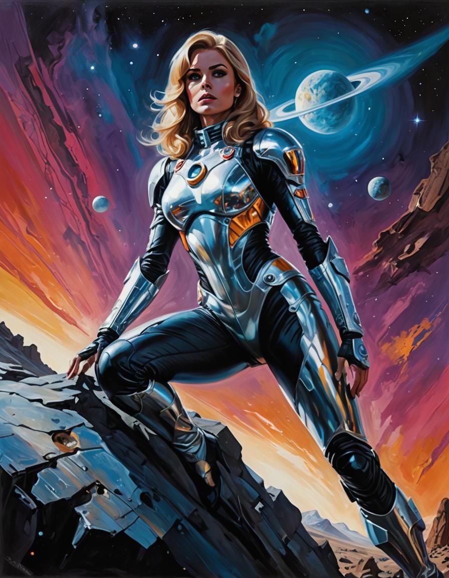 Astronaut Exploring Alien Planet in Retrofuturistic Sci-Fi S...