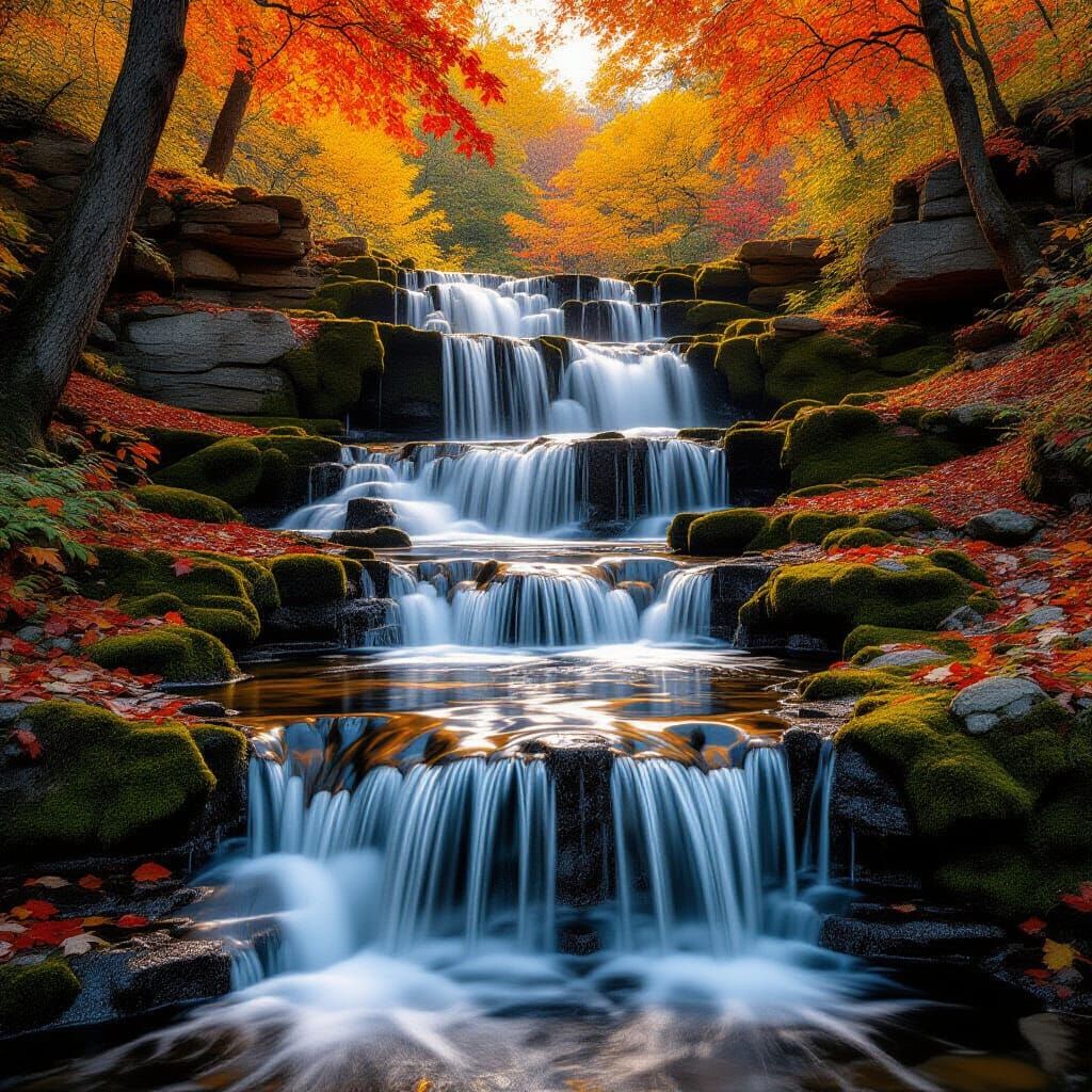 Autumn Waterfall Cascading Through Sunlit Leaves