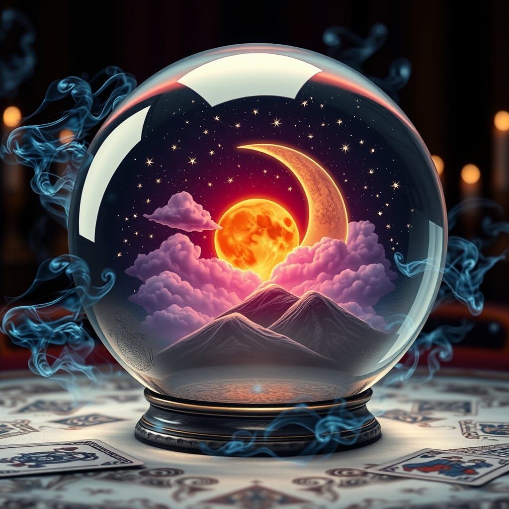 Crystal Ball Reveals Magical Night Scene with Crescent Sun