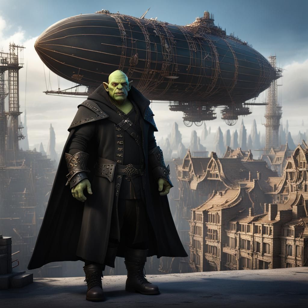 Orc Oversees Airship Construction in Detailed Matte Painting