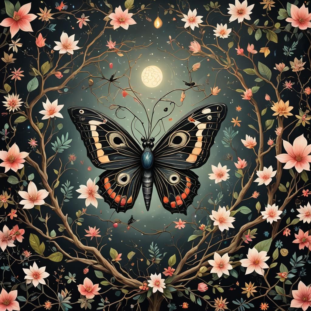 Surreal Creature with Moth, Psychedelic Illustration