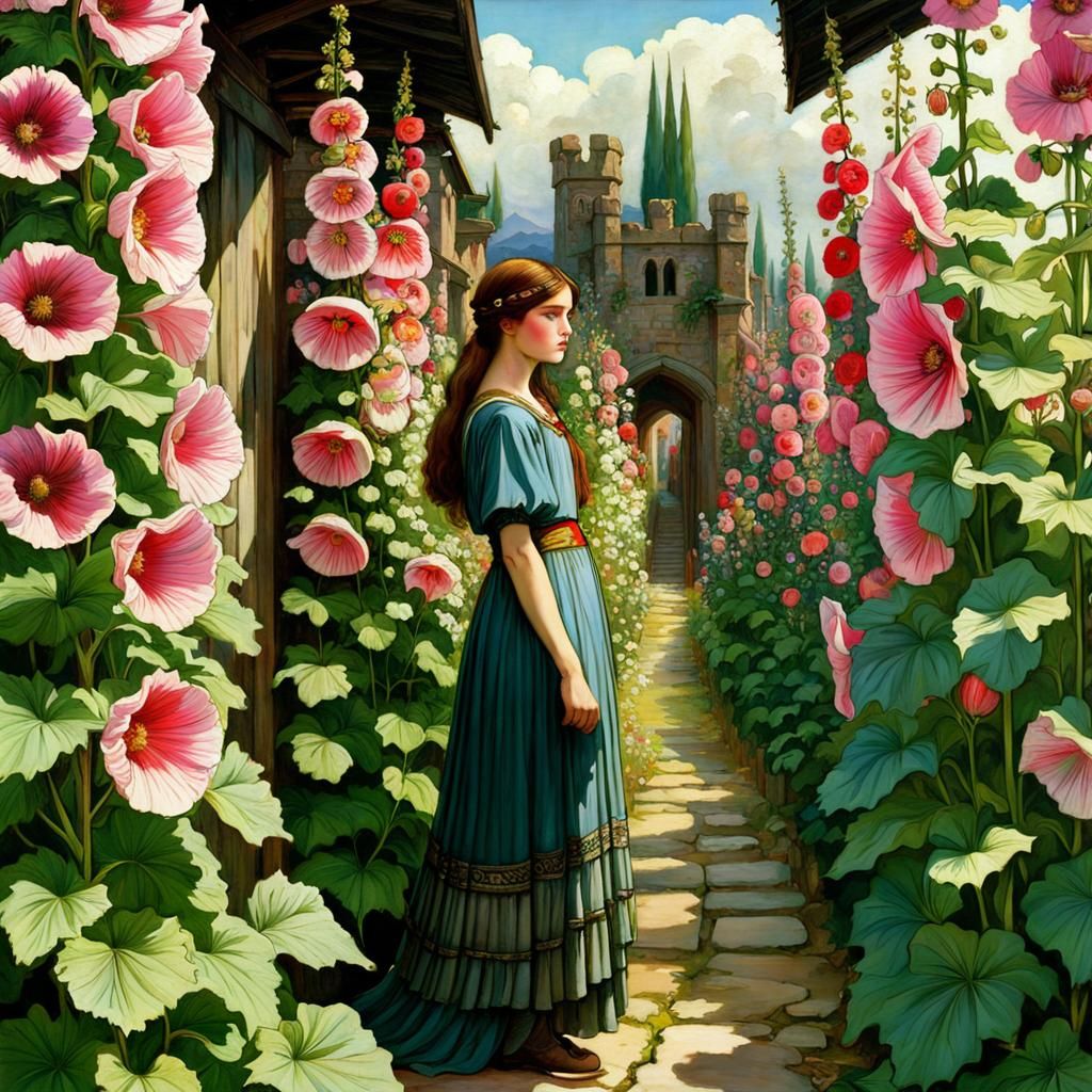 Medieval Hollyhocks in Pre-Raphaelite Style