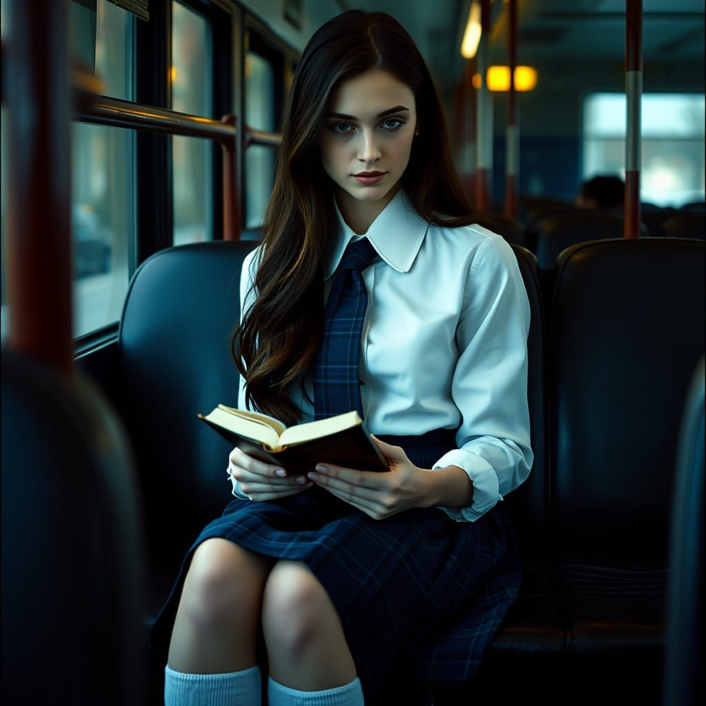 Nostalgic Schoolgirl Reads in Vintage Bus