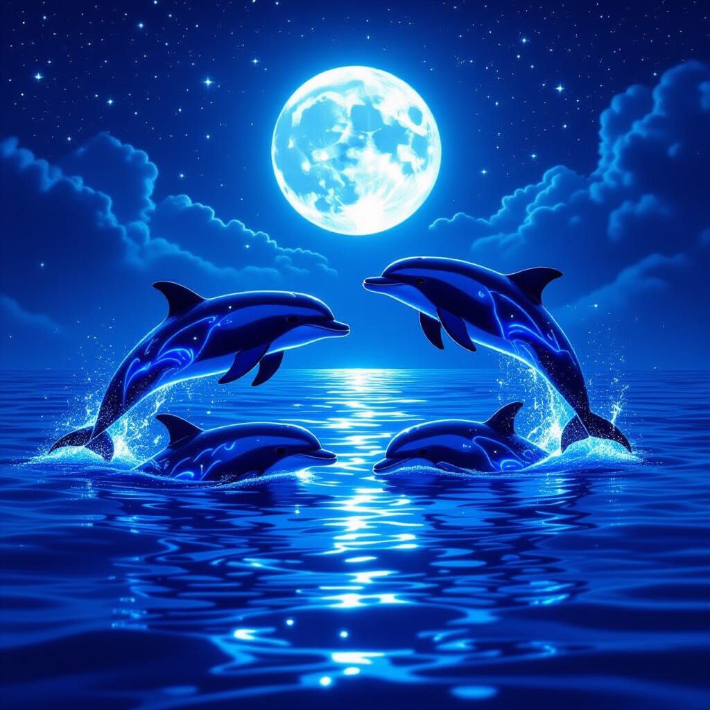 Astral Dolphins in Starry Ocean Under Luminous Moon