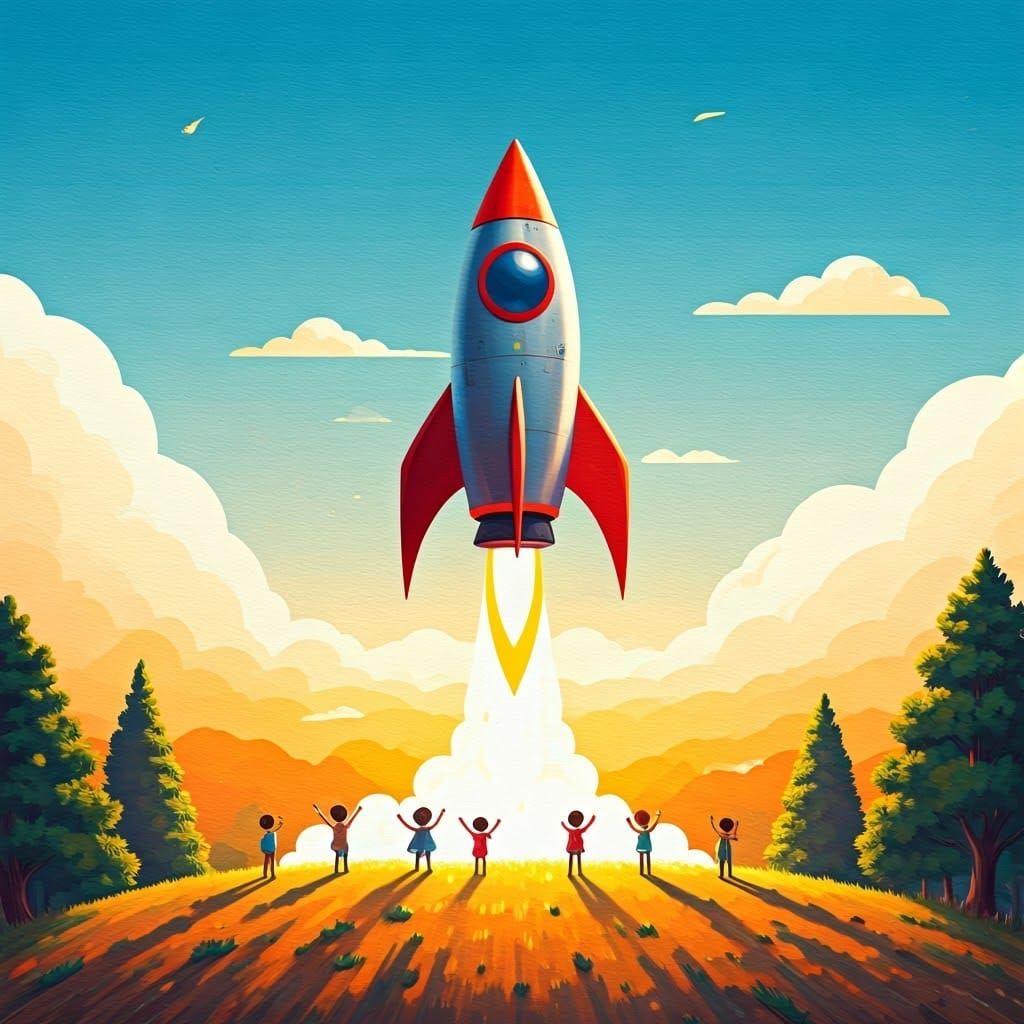 Joyful Rocket Launch in a Sunny Childhood Scene