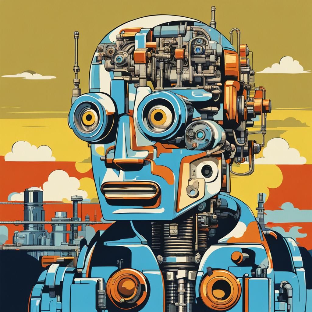 Cyborg Robot in Pop Art Style Against Industrial Sky